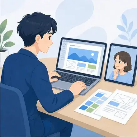 Webサイトを制作しオンラインで確認する様子