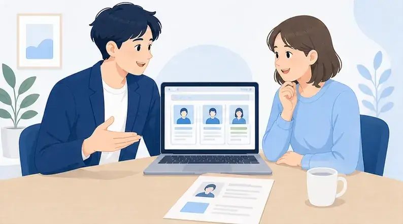 採用ページを見ながら会社について話す担当者と求職者