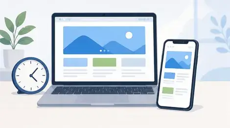 時計と並ぶパソコンとスマートフォン。最短1週間での公開とスマホ対応を表すイメージ