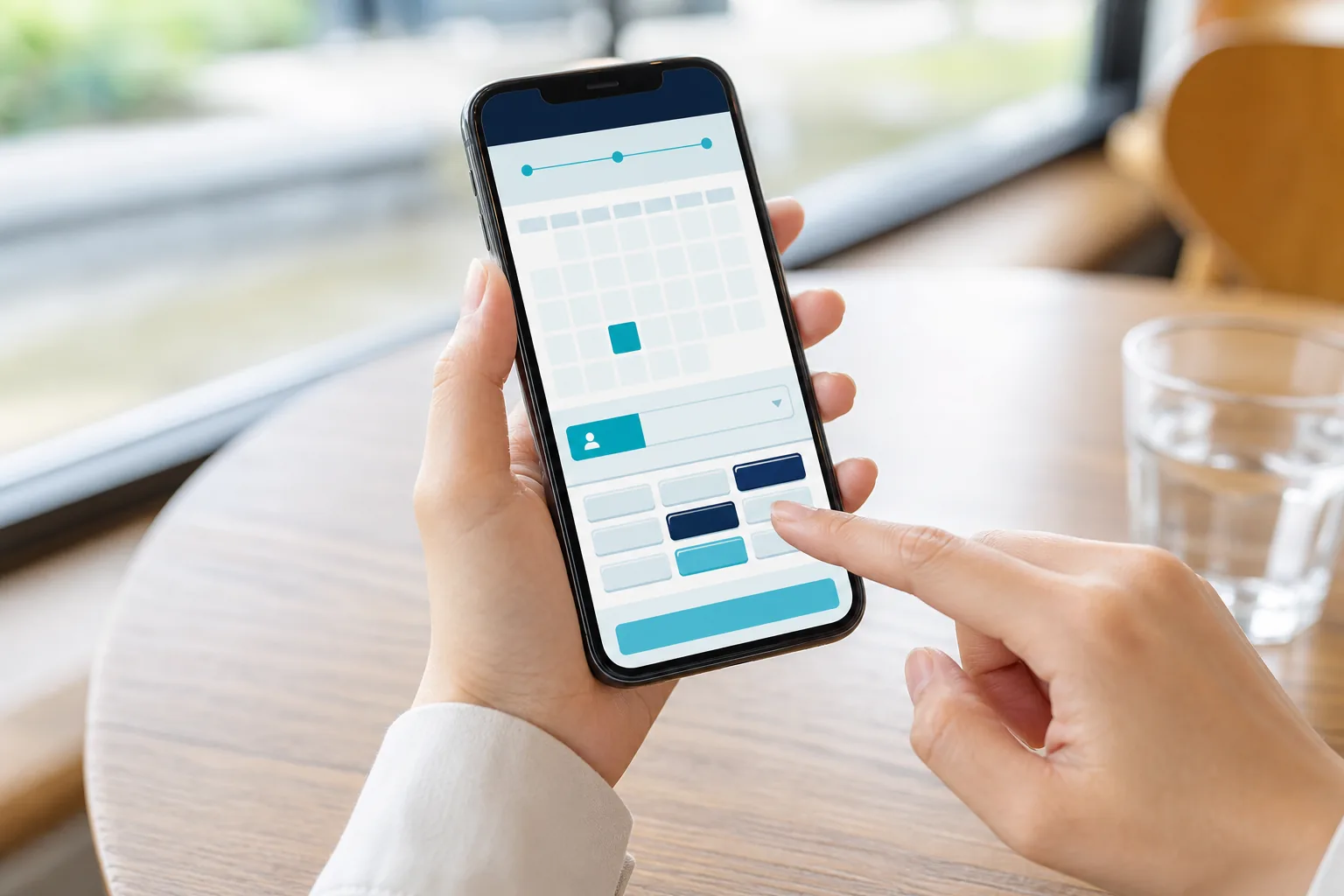 スマートフォンのWeb予約フォームで日付と時間帯を選択している様子