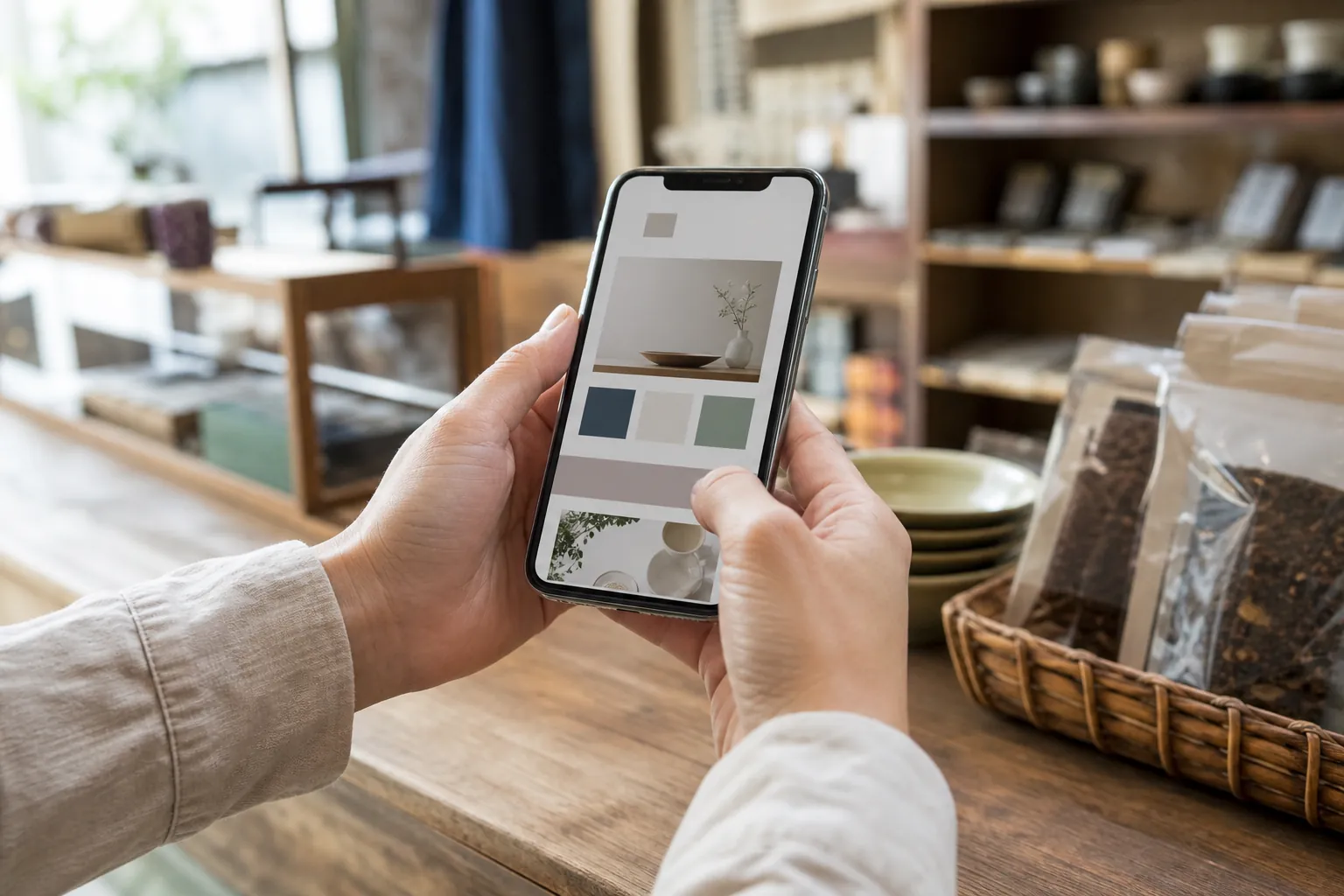 店舗のカウンターでスマートフォンを使い、自社ホームページの表示を確認する事業者の手元