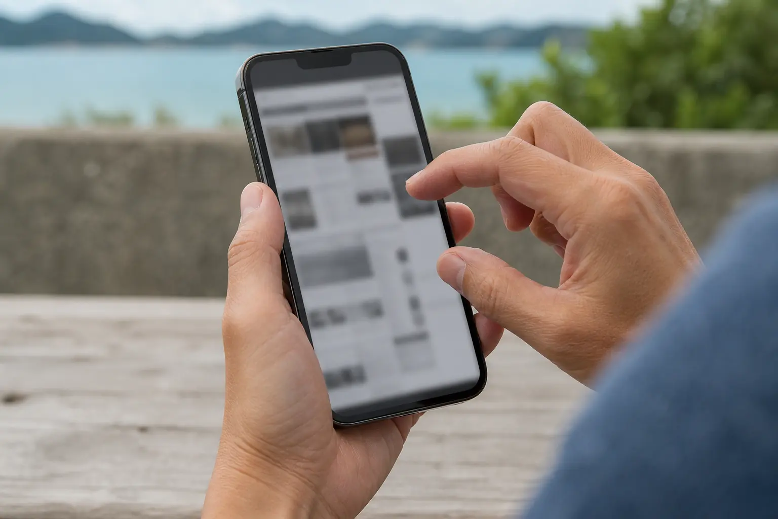 古い作りのホームページが小さく表示されたスマートフォンを操作する手元
